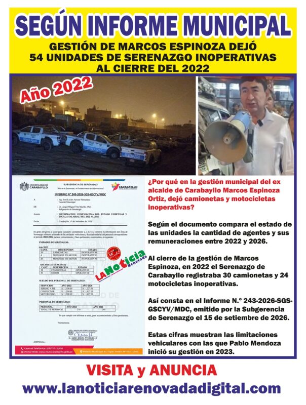 INFORME MUNICIPAL: GESTIÓN DE MARCOS ESPINOZA DEJÓ 54 UNIDADES DE SERENAZGO INOPERATIVAS AL CIERRE DE 2022