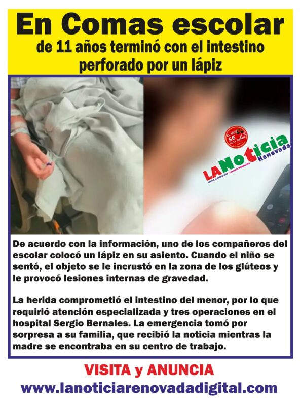 Escolar de 11 años terminó con el intestino perforado por un lápiz en colegio de Comas: el hecho habría ocurrido “por una broma” entre compañeros