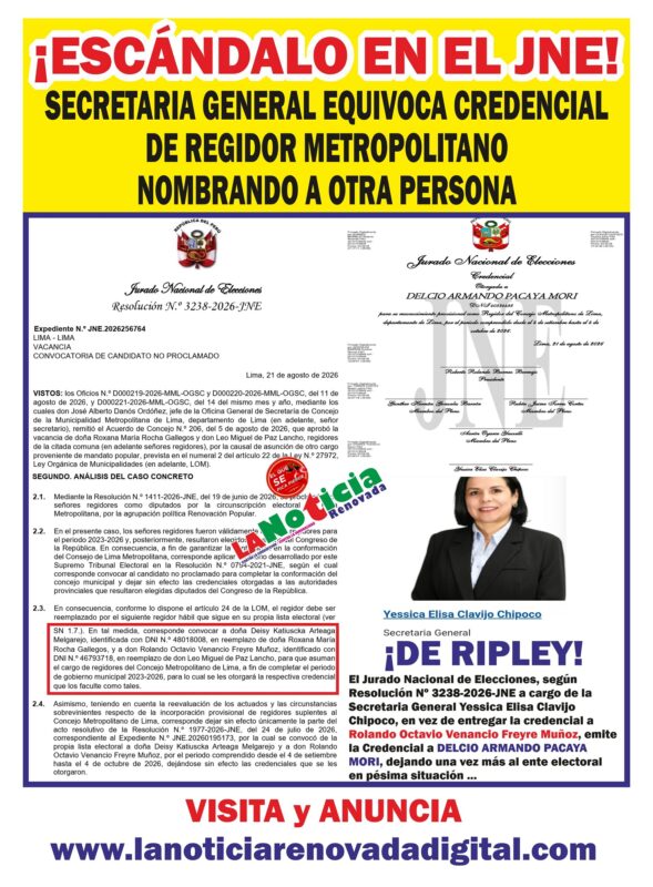 JNE equivoca credencial de regidor Metropolitano al nombrar a otra persona