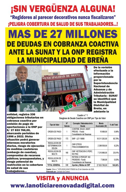 Municipalidad de Breña adeuda más de 27 millones de soles en cobranza coactiva ante la Sunat y la ONP – Trabajadores podrían quedar sin cobertura de salud