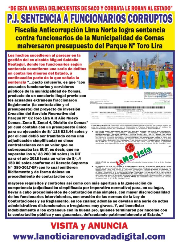 LIMA NORTE: Poder Judicial Lima Norte sentencia a funcionarios corruptos de la Municipalidad de Comas por malversación de presupuesto del Parque Nº Toro Lira